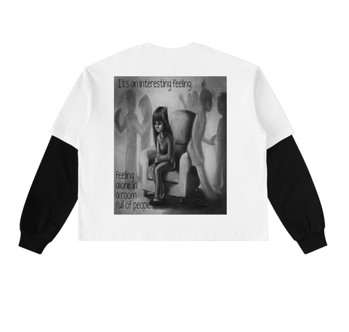 "In a room full of people Im alone" Layered Contrast Sleeve Cotton T-Shirt